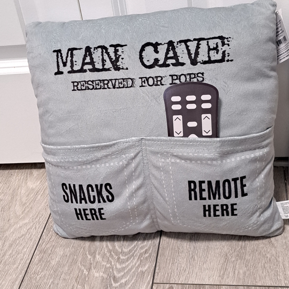 Brand New "MAN CAVE RESERVED FOR POP" Pillow Plush with Pockets. 13x13